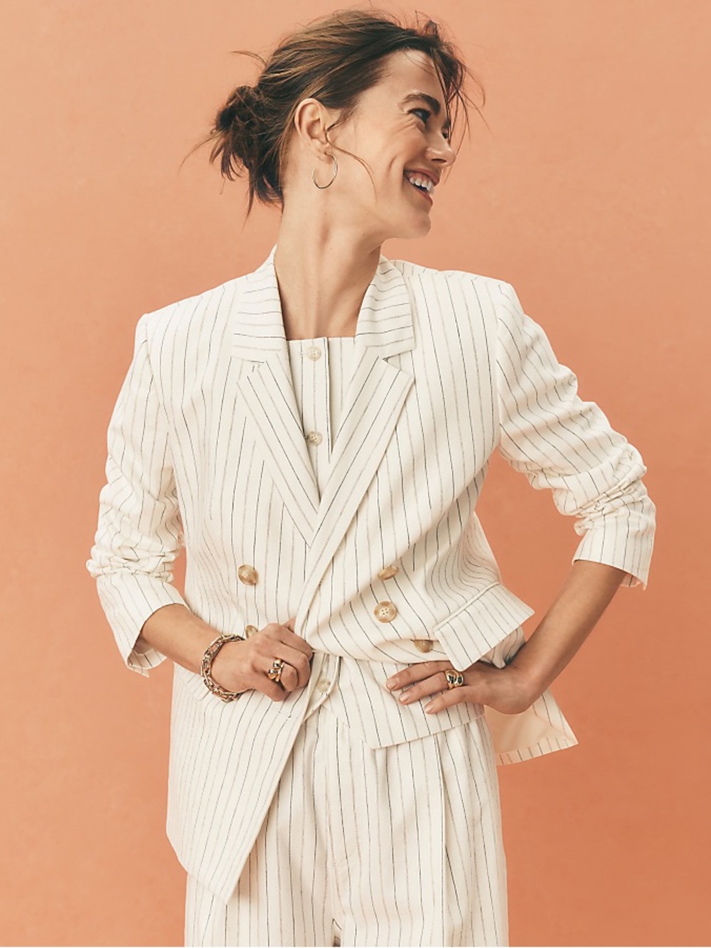 LOFT Cream Pinstripe Double-Breasted Blazer